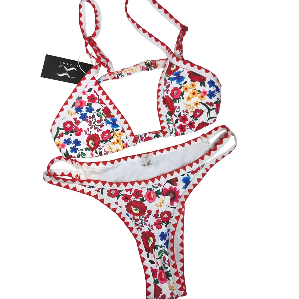 Bikinx Bikini Set Women S Red Floral Ric-Rac Trim Boho Beach Pool Summer 053 NWT